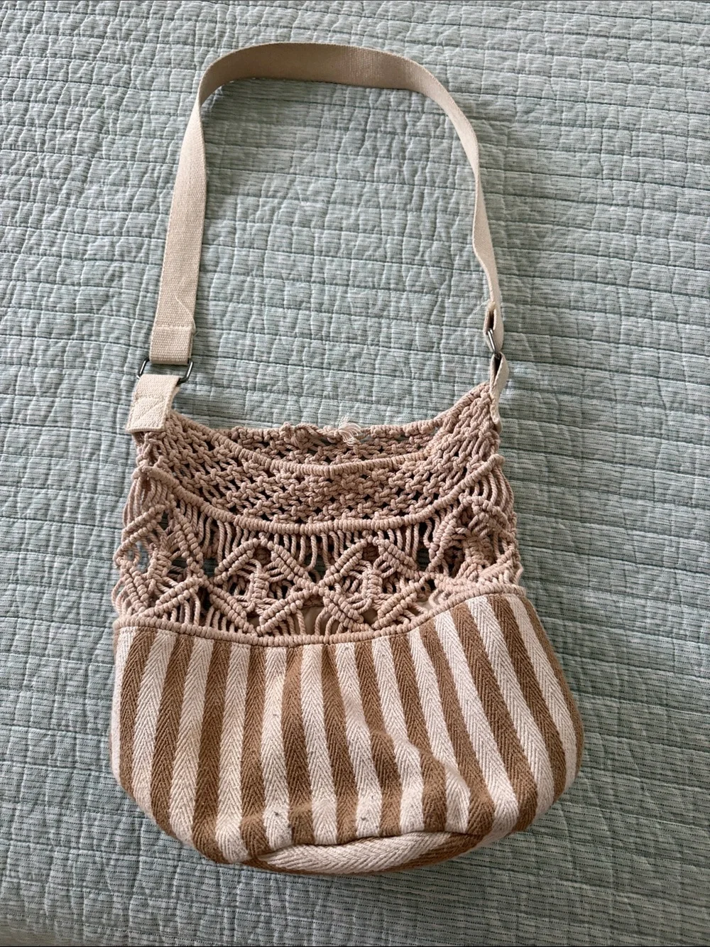 Roxy Beige Crochet & Striped Shoulder Bag